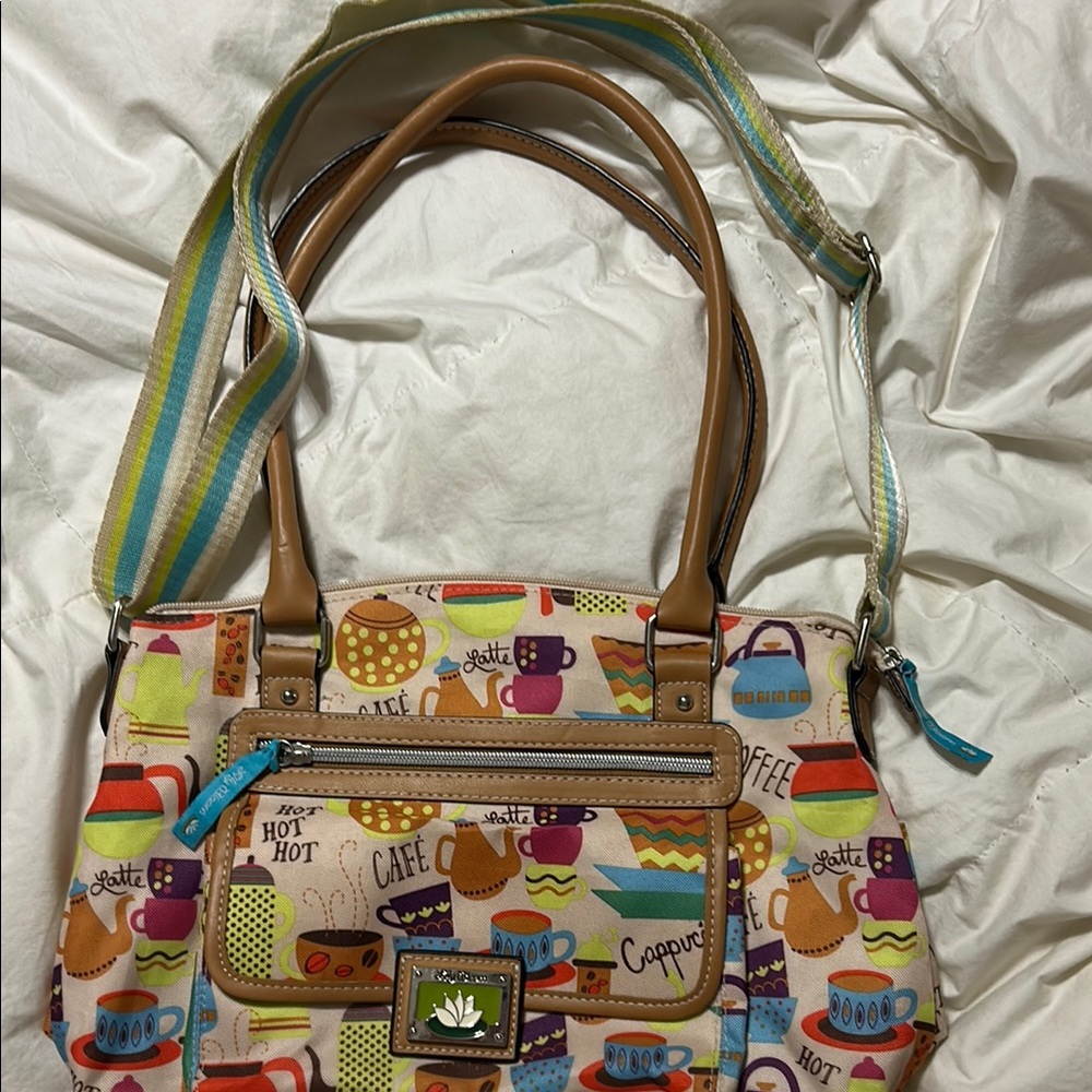 Lily Bloom Cream and Brown Shoulder Bag with Whimsical Coffee Design